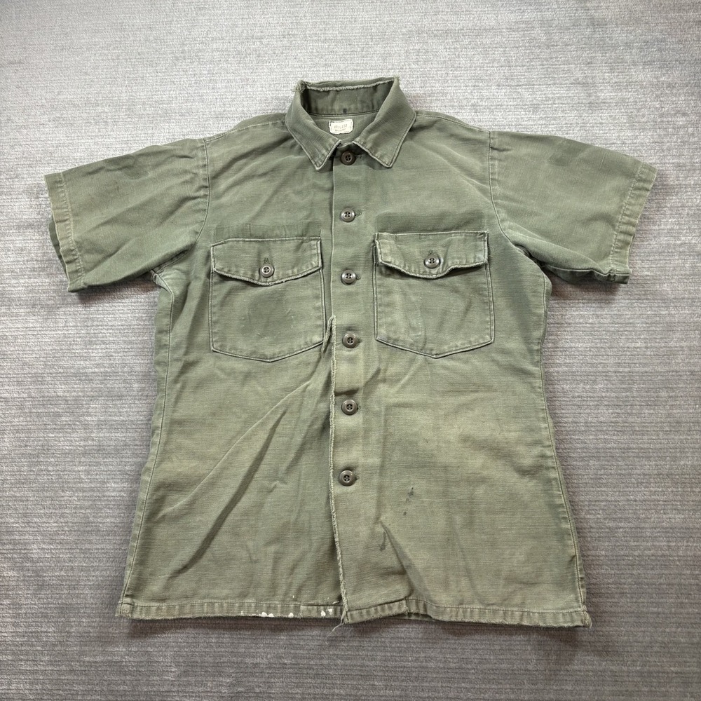 Vintage 60s Vietnam Era US Army OG-107 Sateen Shirt Military Fatigues Mens M‎